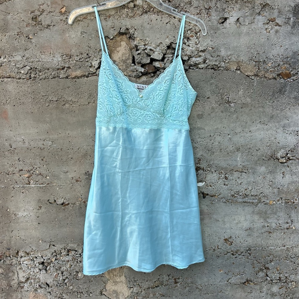 Y2K Vintage Blue Silk Lace‎ Slip Dress/Top | Satin Chemise Lingerie Coquette M